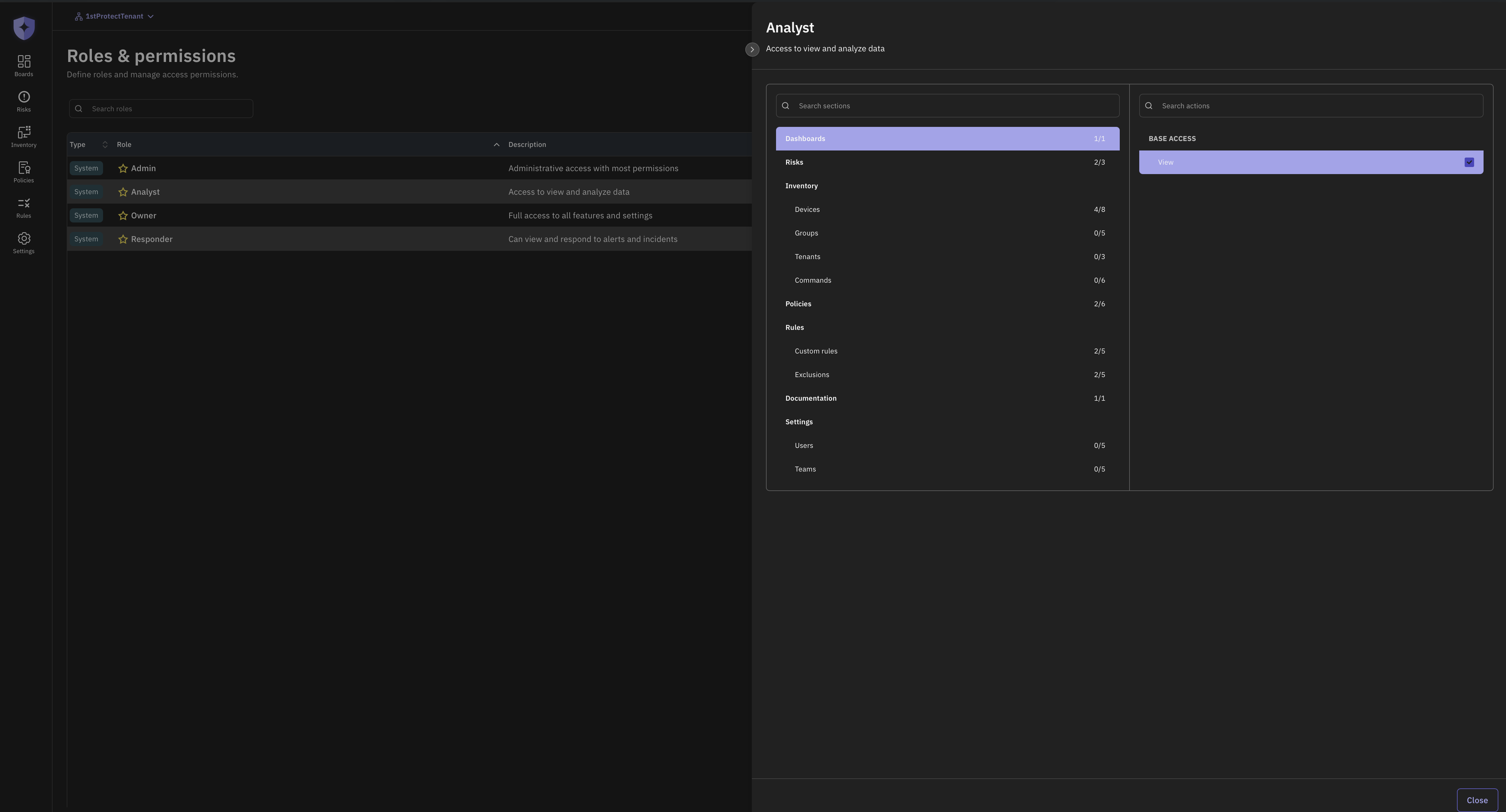 1stProtect roles and permissions console showing section-level access controls.
